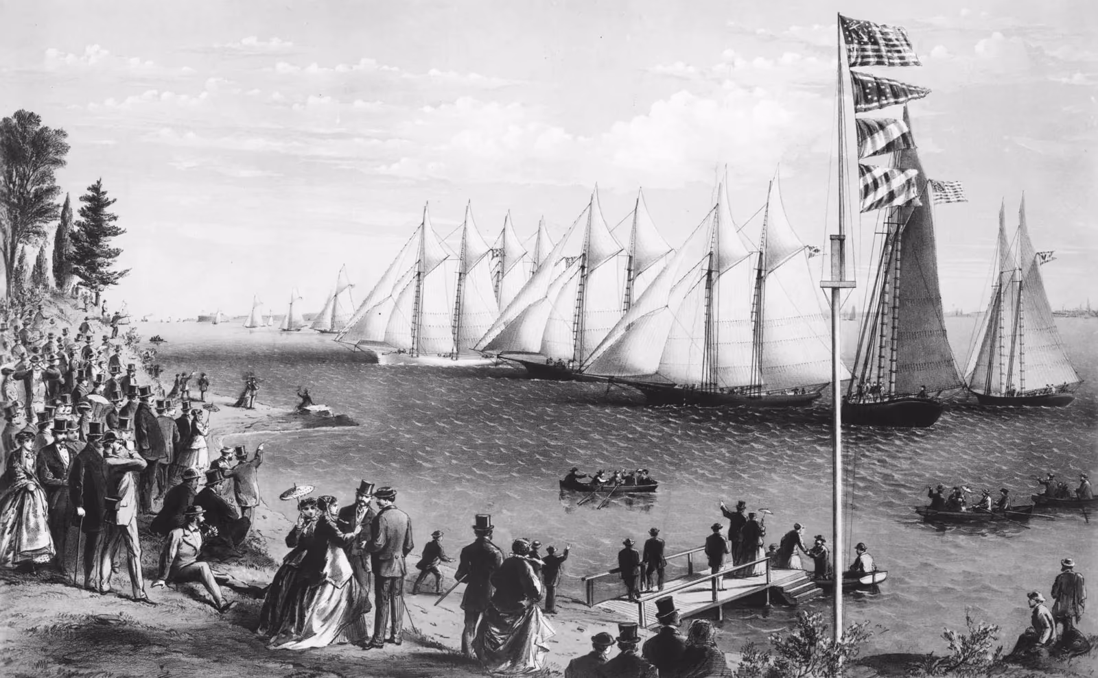 Dobová litografie závodu plachetnic z roku 1869 s diváky na břehu